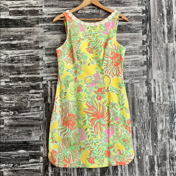 Yellow Floral Pineapple Lilly Pulitzer Dress 4 gorgeous back zipper low back - Picture 1 of 13